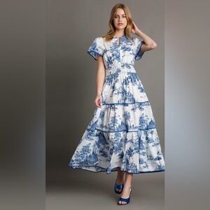 NWT Umgee Blue White Toile Landscape Tiered Maxi Dress